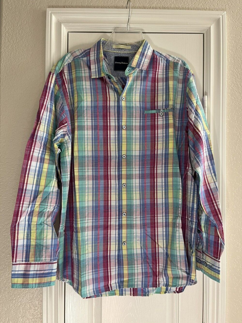 TOMMY BAHAMA Madras Plaid Multicolor Cotton Silk Shirt Pocket Men’s Size Large